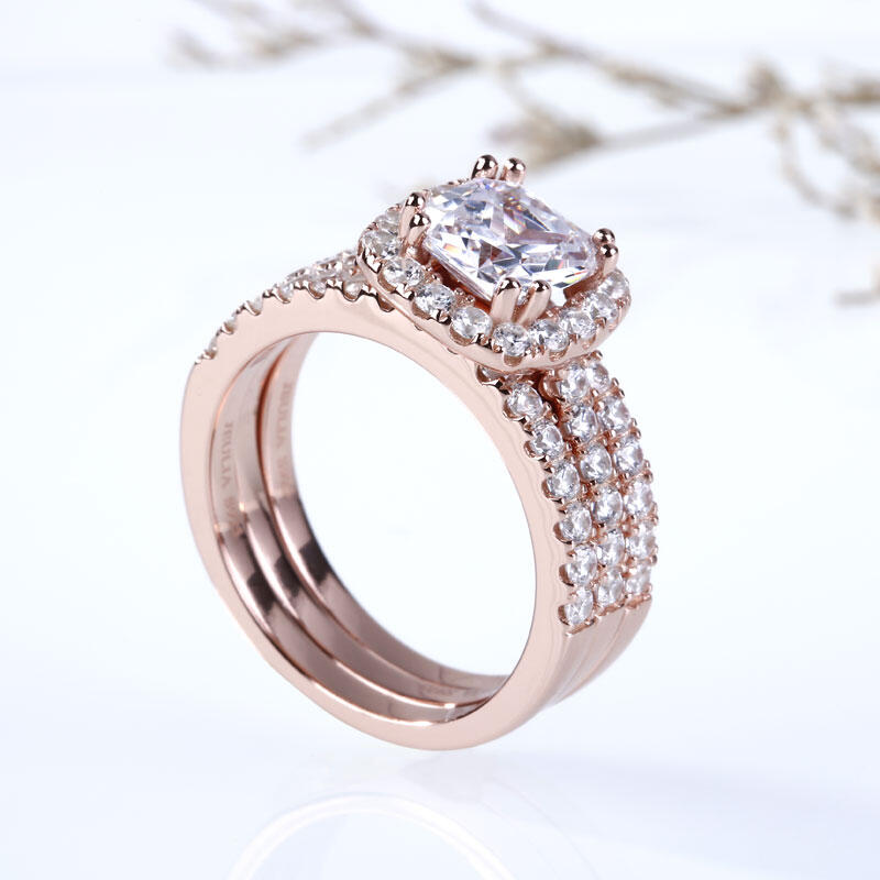 Jeulia 3PC Rose Gold Tone Halo Cushion Cut Sterling Silver Ring Set