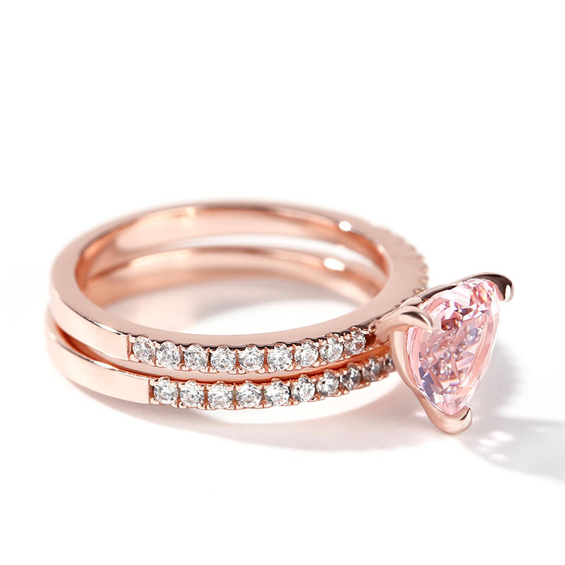 Jeulia Pink Heart Cut Synthetic Morganite Sterling Silver Ring Set