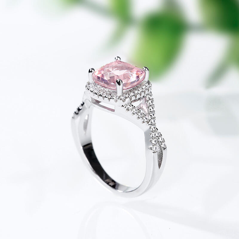 Jeulia Twist Halo Cushion Cut Synthetic Morganite Sterling Silver Ring