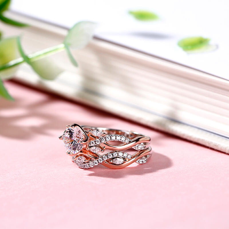 Jeulia Conjunto De Anillo De Plata Esterlina Con Corte Redondo Bicolor Torceido