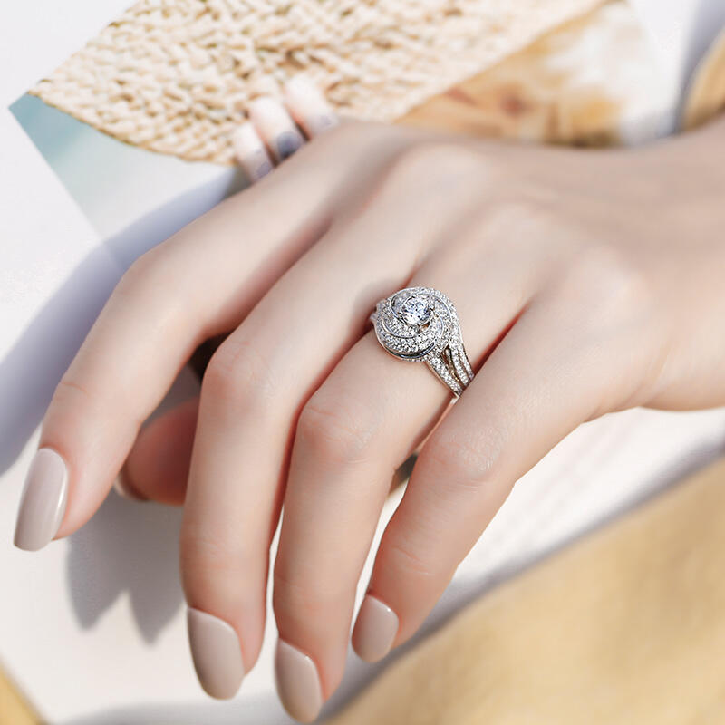 Jeulia Spiral Design Round Cut Sterling Silver Ring