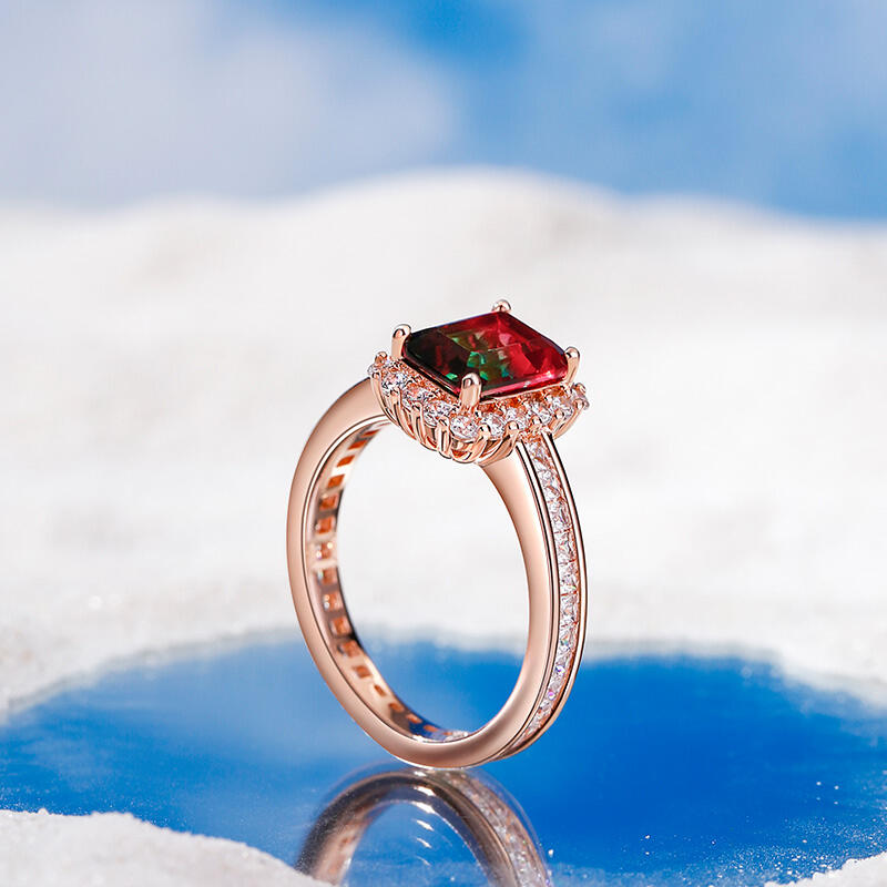 Jeulia Halo Smaragd skärning sterling silver vattenmelon ring set