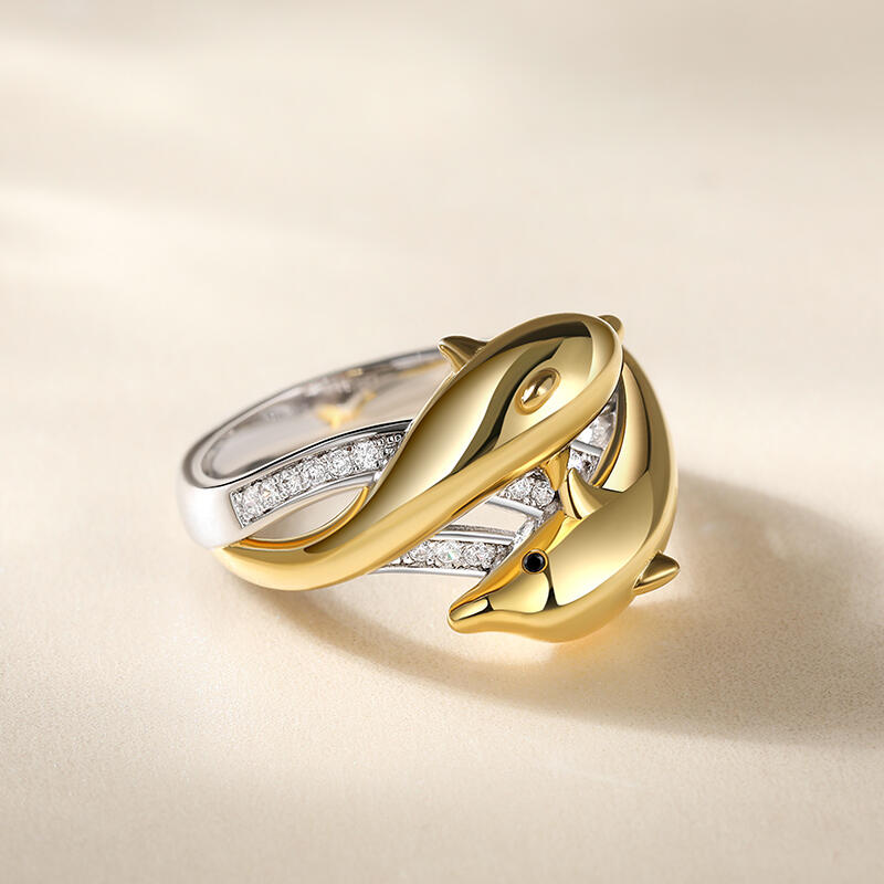Jeulia "Golden Embrace" Two Dolphins Sterling Silver Ring
