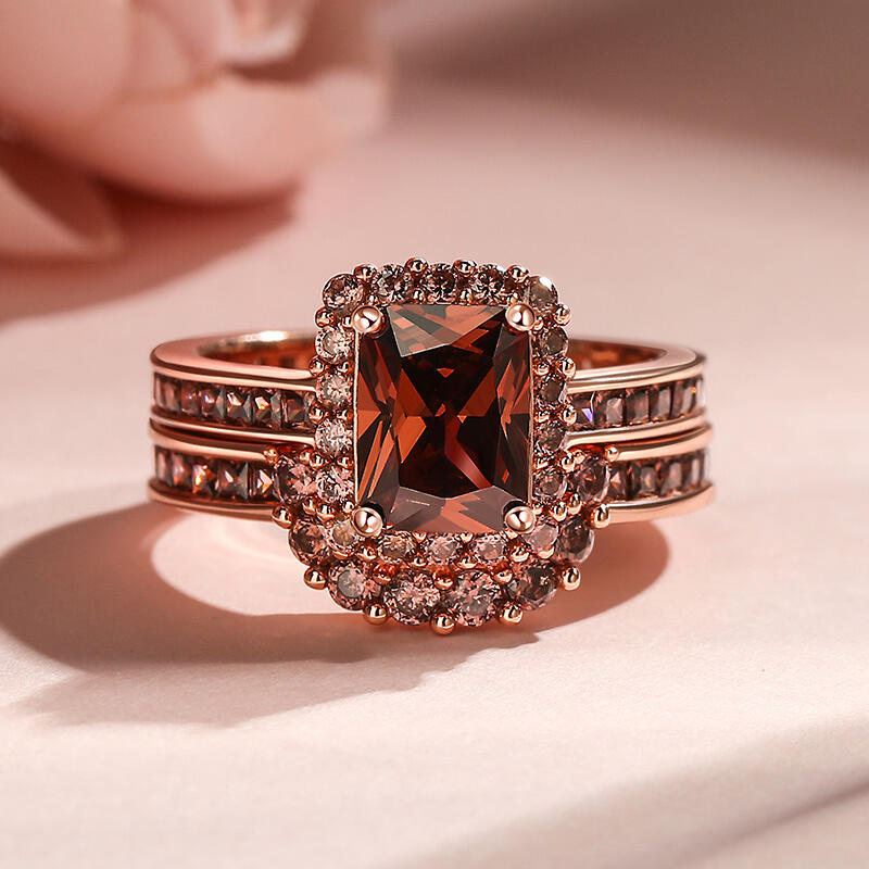 Jeulia "Delicious Coffee" Halo Emerald Cut Sterling Silver Ring Set