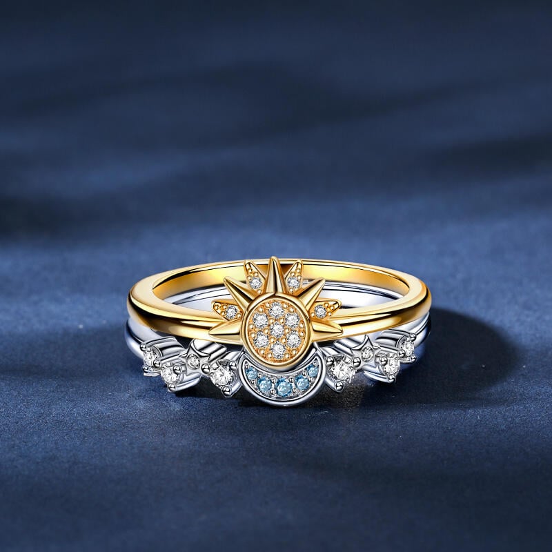 Celestial Sun & Moon Sterling Silver Ring Set