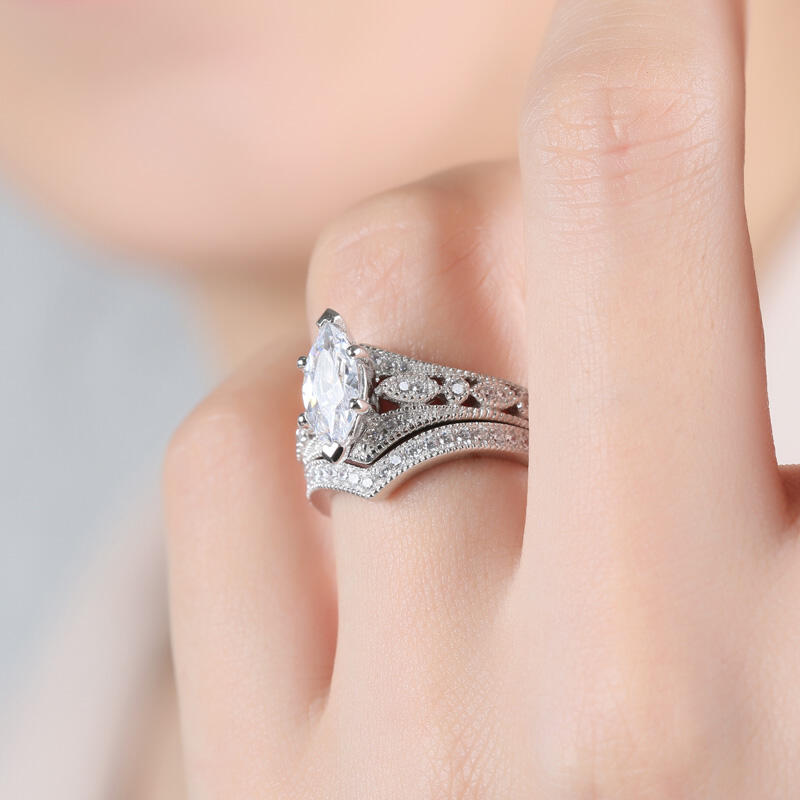 Jeulia Milgrain Marquise Cut Sterling Silver Ring Set