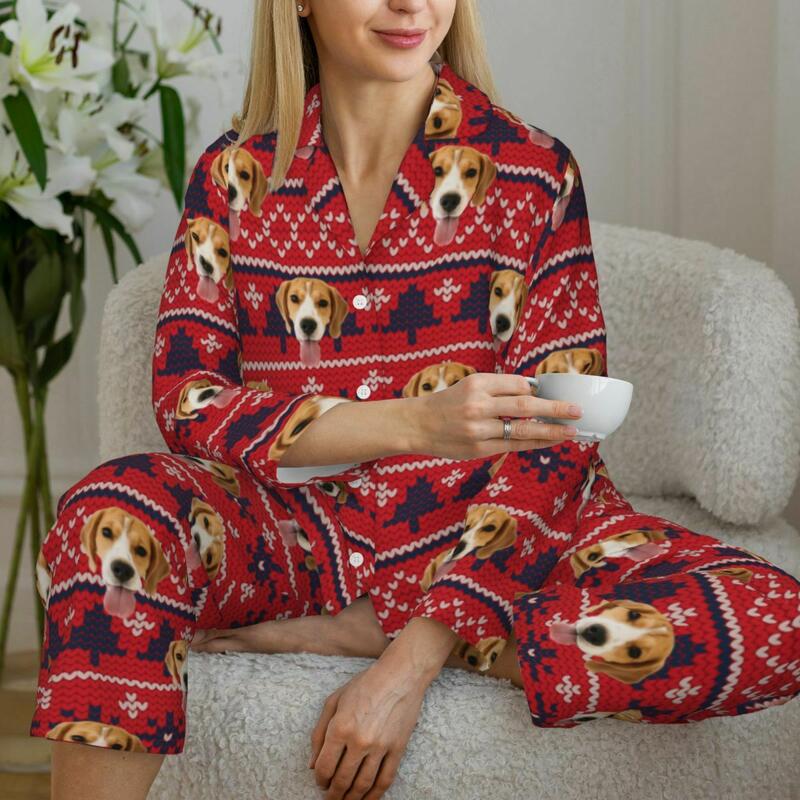 Pyjama personnalisé Photo personnalisée Éléments de Noël Motif de style rouge Cadeau pour la famille