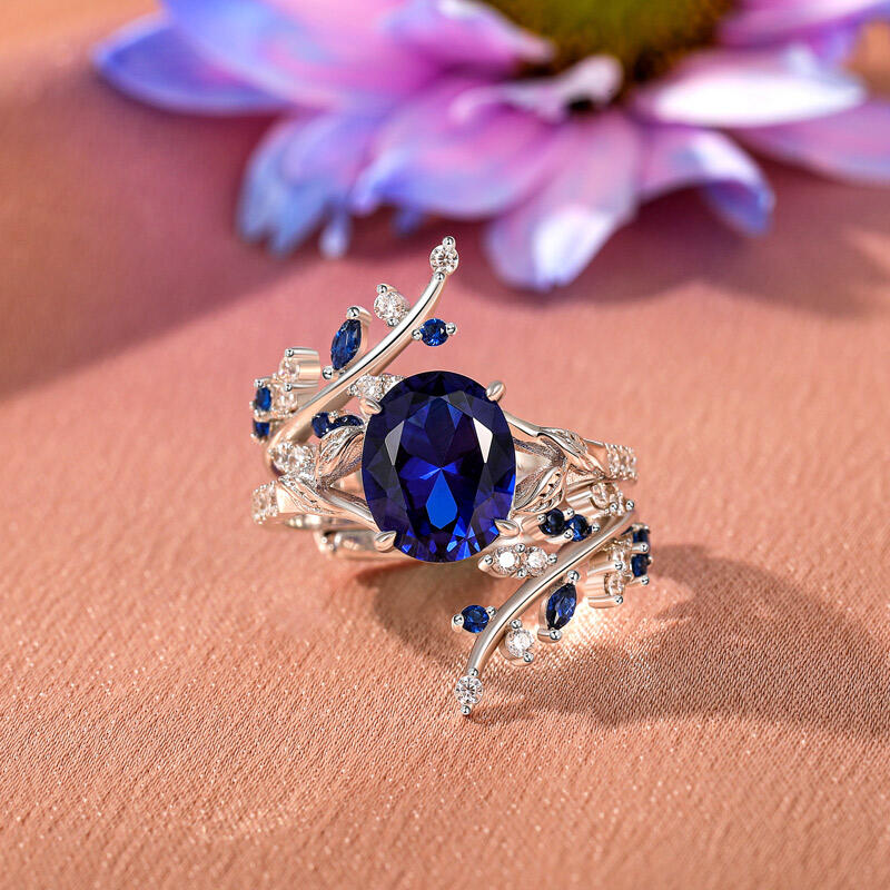 Jeulia Vintage Cubic Leaf Sapphire Ring Set