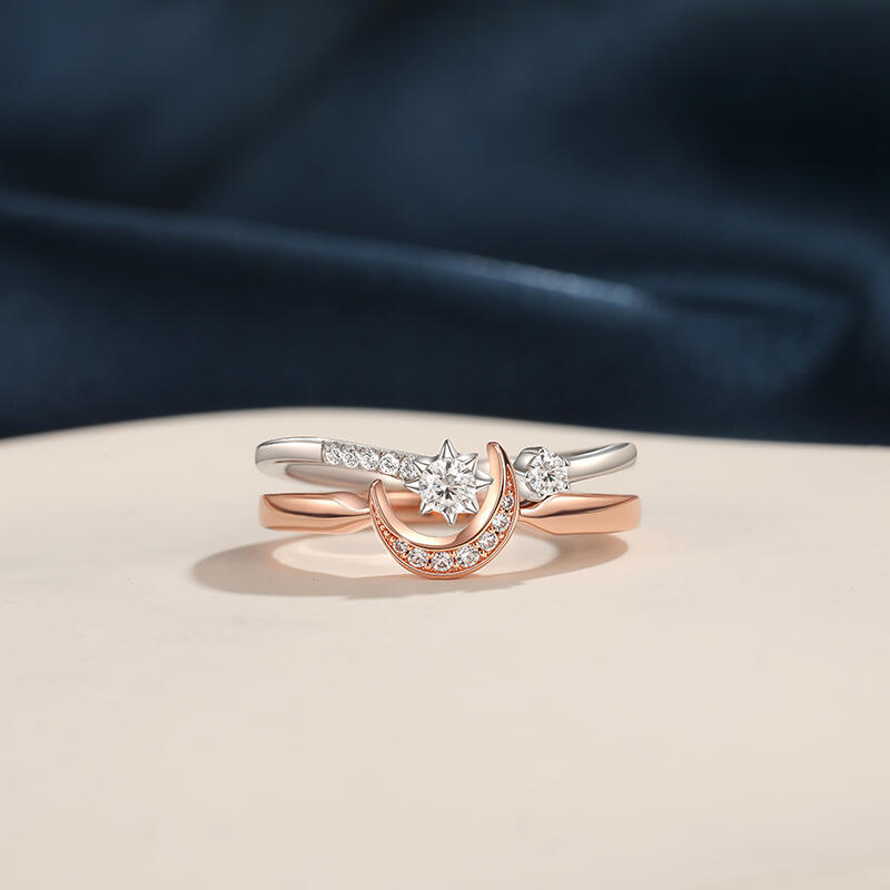 Jeulia Moon and Star Two Tone Puzzle Ring Set Sterling Silver