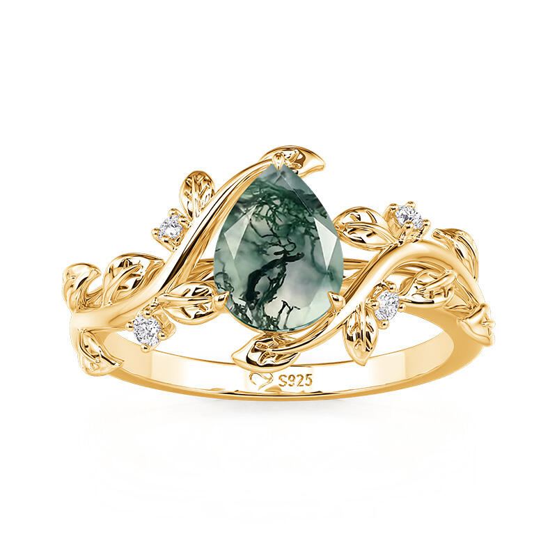 Jeulia Bypass Gold Pear Cut Moss Agate Engagement Ring
