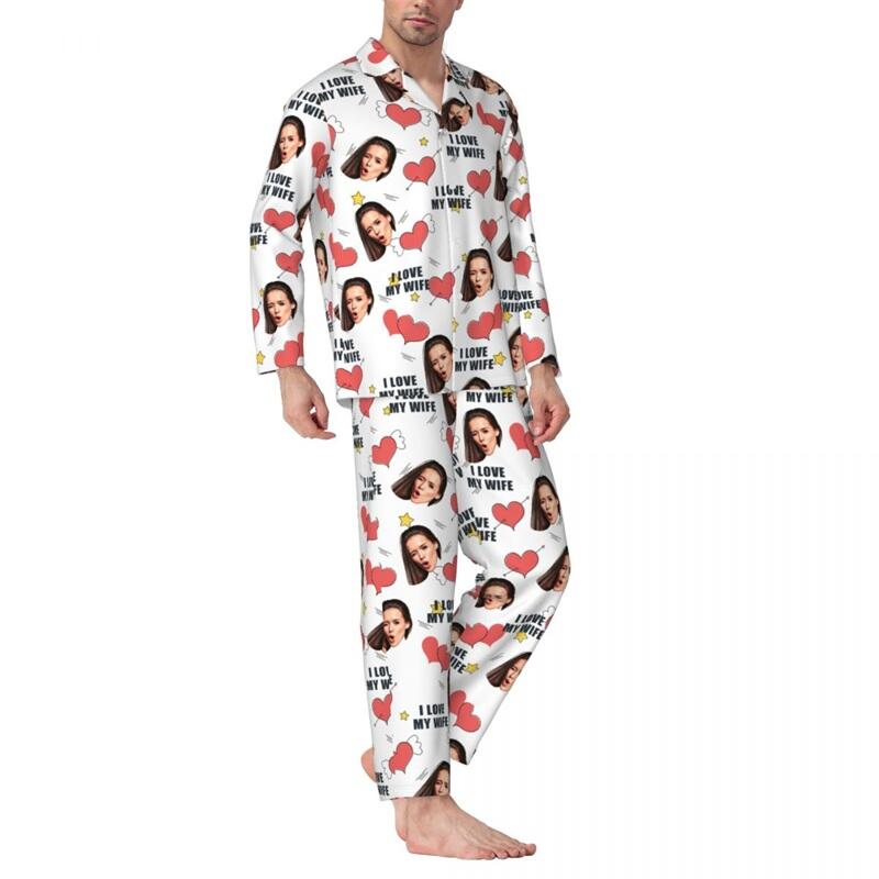 Personalized Pajamas Custom Face Photo I Love You Cute Hearts Design Perfect Gift for Couples