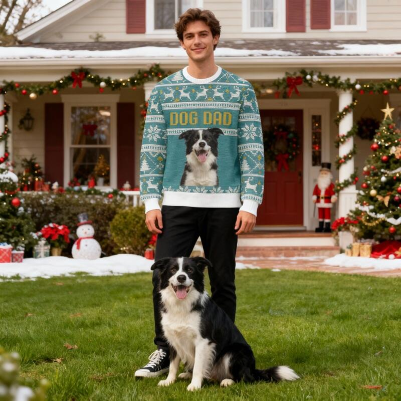 Gepersonaliseerde lelijke trui Unisex Op maat gemaakt met foto van huisdier Blauw argylepatroonontwerp Kerstcadeau voor dierenliefhebbers