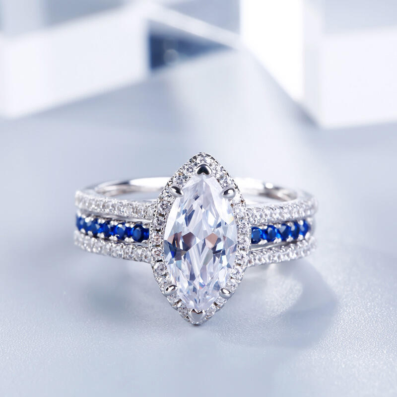 Jeulia Halo Marquise Cut Sterling Silver Ring Set