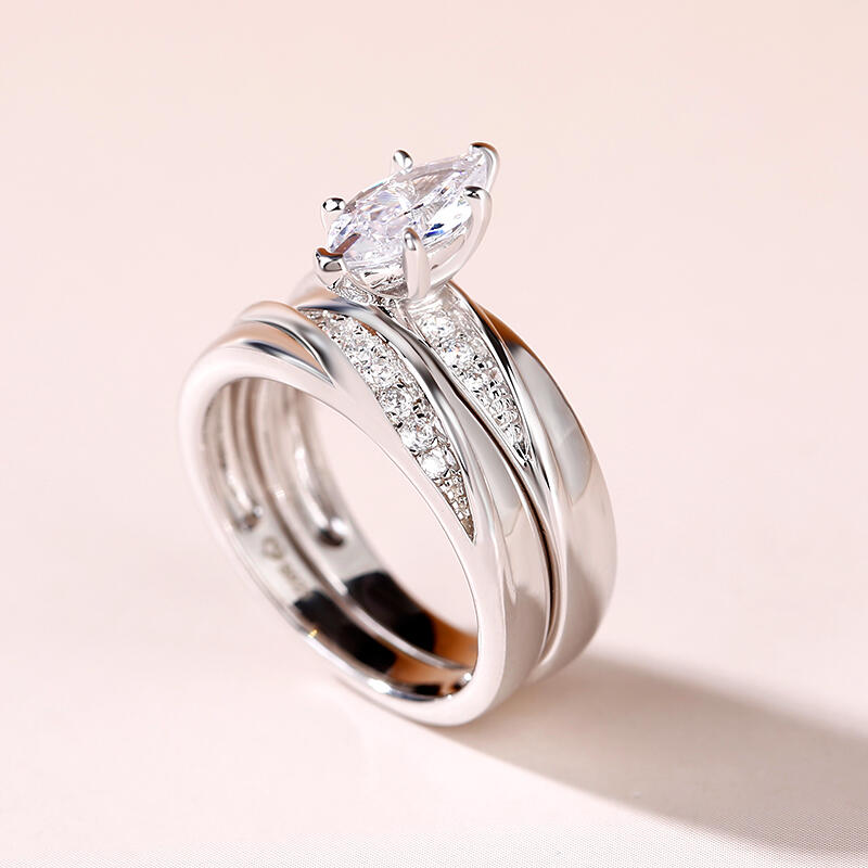 Jeulia Juego De Anillos Diagonal Corte Marquesa En Plata Esterlina