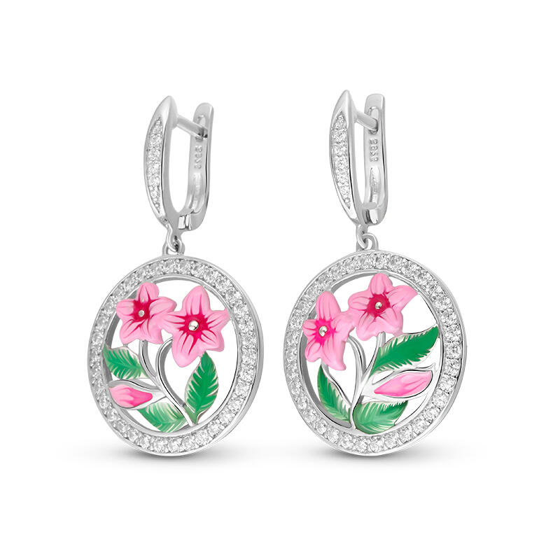 Jeulia Pendientes de colgante con esmalte de flores de plata de ley
