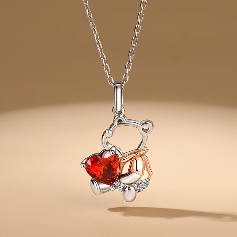 Jeulia Hug Me "Cute Bear" Heart Cut Personalized Sterling Silver Necklace with Birthstone