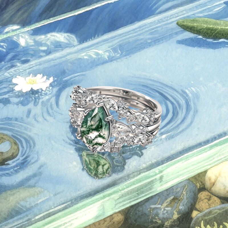 Jeulia Olivetta Pear Cut Moss Agate Ring Set