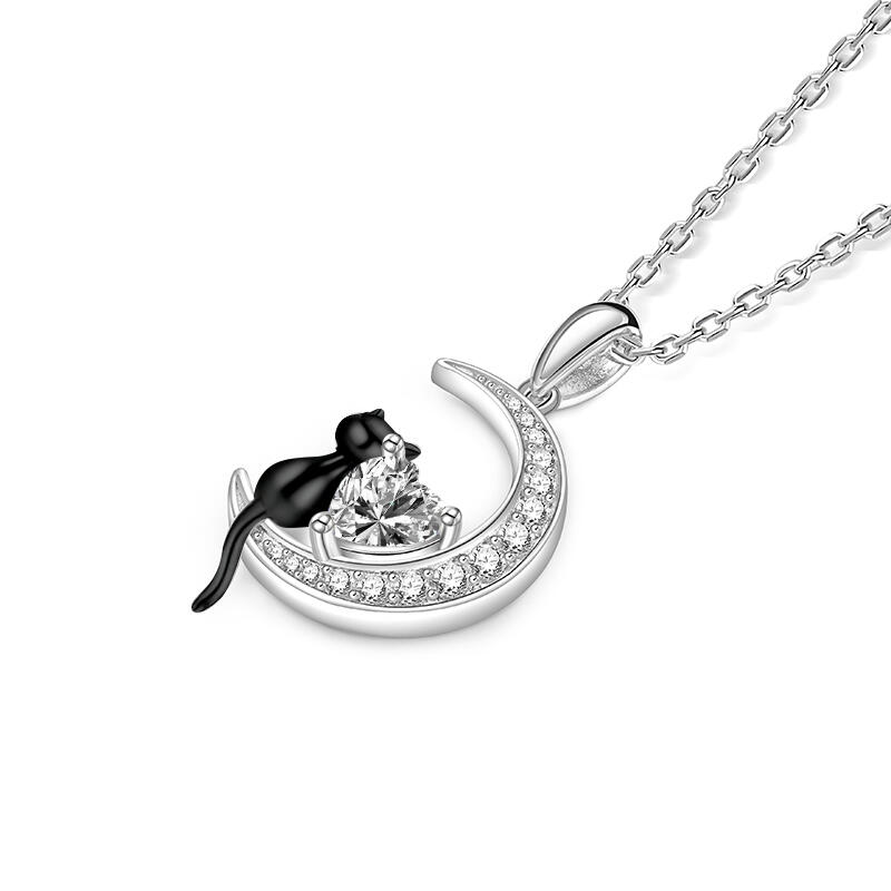 Jeulia Luna Astra Moissanite Heart Stone Black Cat Moon Necklace