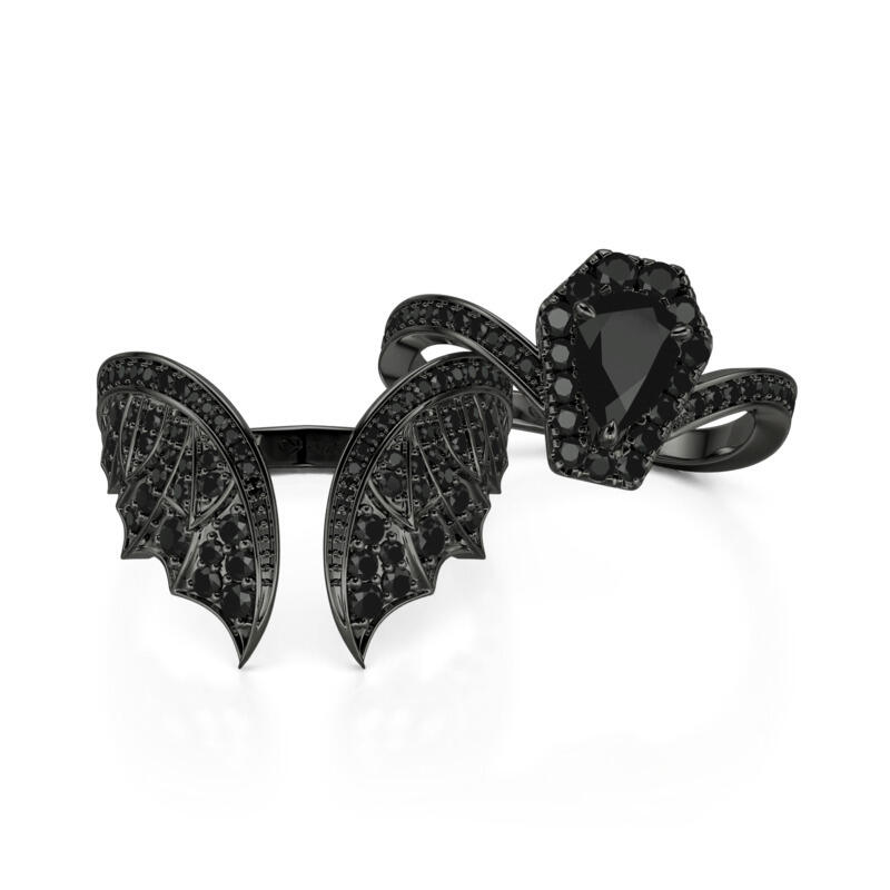 Jeulia Juego de Anillos de Compromiso Único Forma de Ataúd con Murciélago Negro