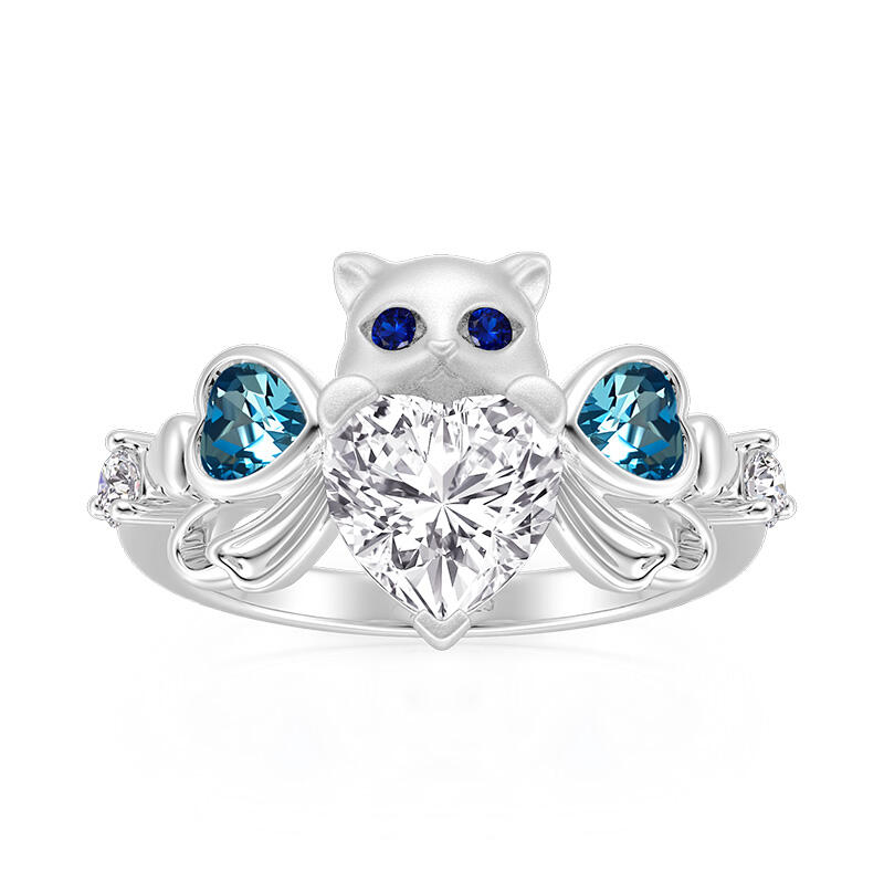 Jeulia Cute Cat Bowknot Heart Ring Sterling Silver