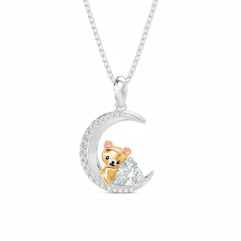 Jeulia Hug Me Custom Teddy Bear Moon Necklace With Birthstone