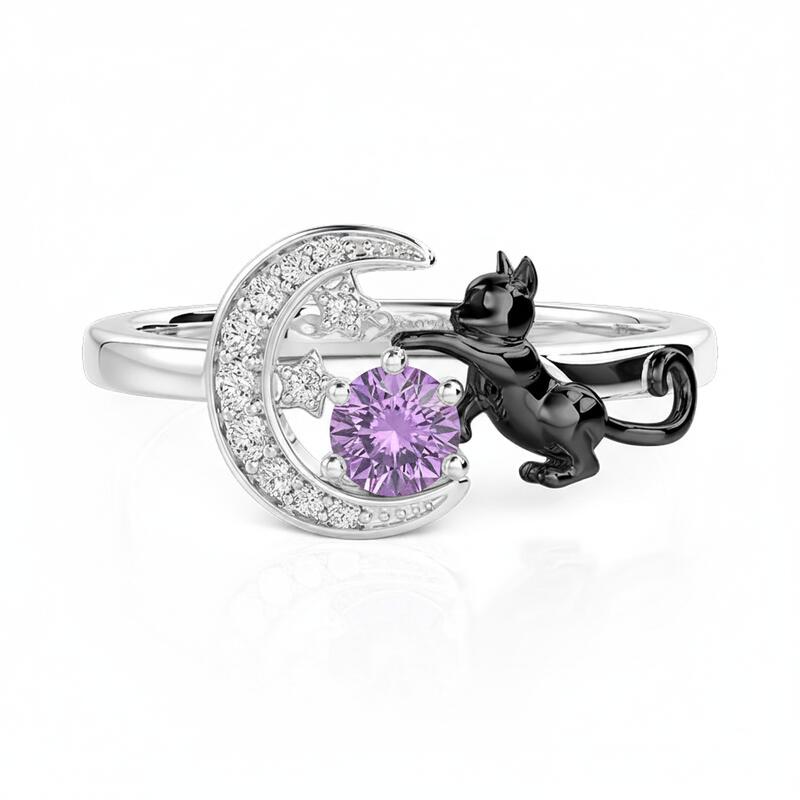 Jeulia Custom Black Cat Moon and Star Ring With Birthstone