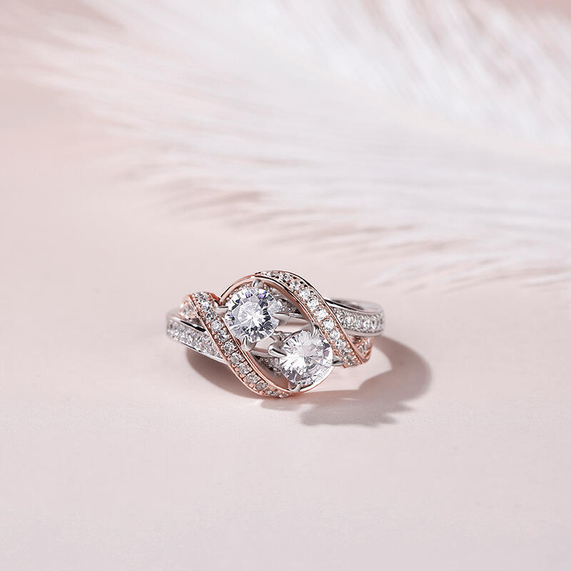 Jeulia Anillo Torcido De Plata De Ley Con Corte Redondo De Dos Piedras,