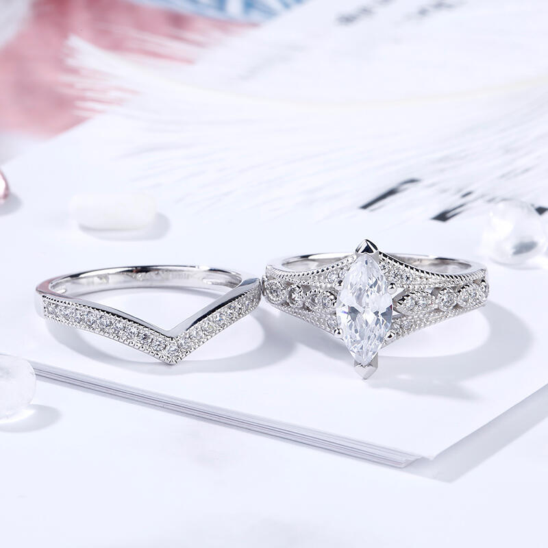 Jeulia Milgrain Marquise Cut Sterling Silver Ring Set