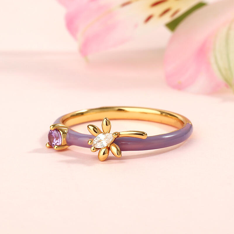 Jeulia Dragonfly Purple Enamel Sterling Silver Ring