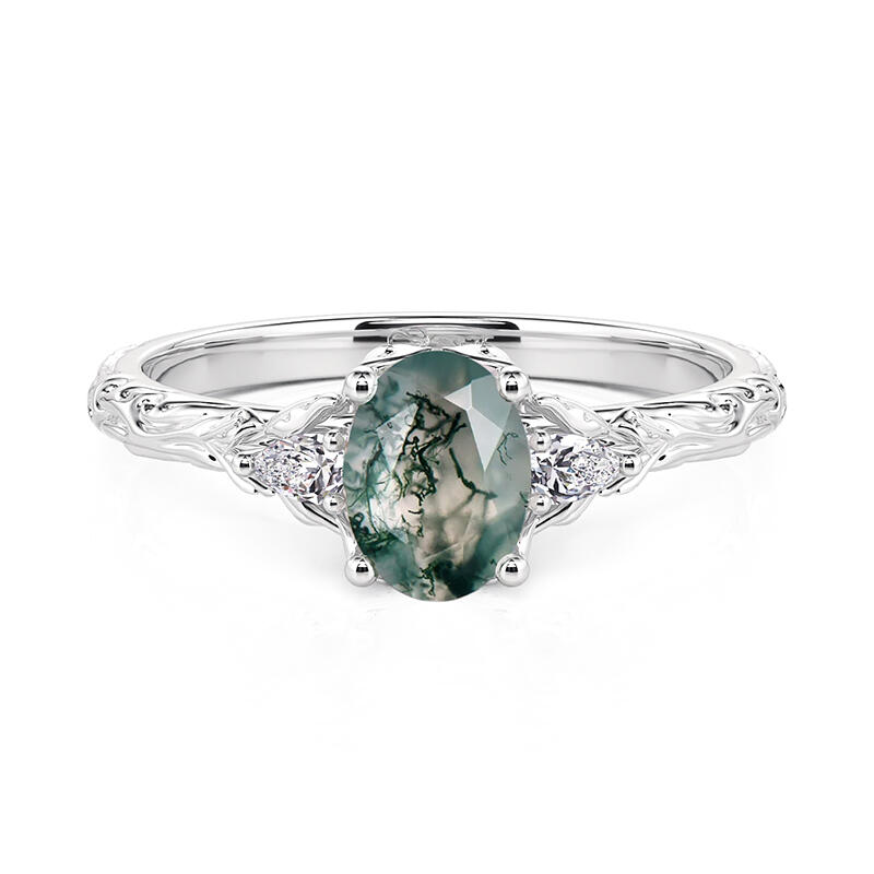 Jeulia Three Stone Moss Agate Wedding Ring