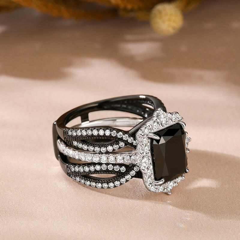 Jeulia Juego de Anillos de Compromiso Halo Radiante Negro Intercambiable y Trenzado