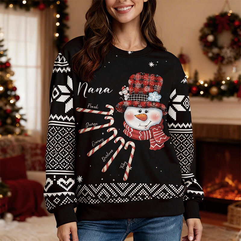 Personalized Ugly Sweater Unisex Nana Snowman Custom Kids Candy Design Cute Christmas Gift for Her Family