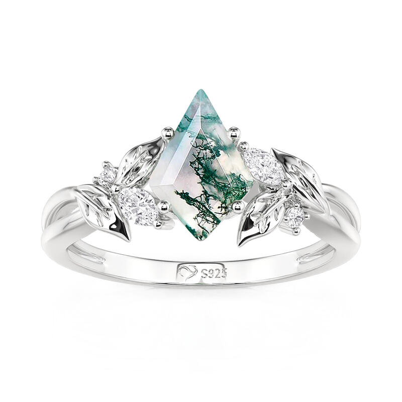 Jeulia Twisted Vine Leaf Kite Cut Moss Agate Engagement Ring