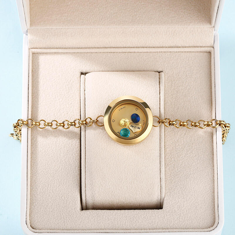 "I Love You Mom" Engraved Floating Locket Bracelet With Charms And Birthstones Stainless Steel