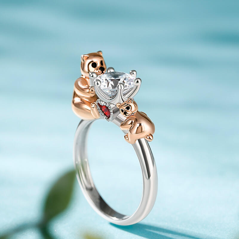 Jeulia Hug Me "Naughty Little Kid" Mom and Baby Bear Round Cut Sterling Silver Ring