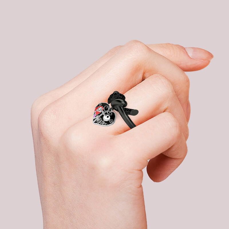 Jeulia Anillo de compromiso de plata con pareja de calavera en corazón