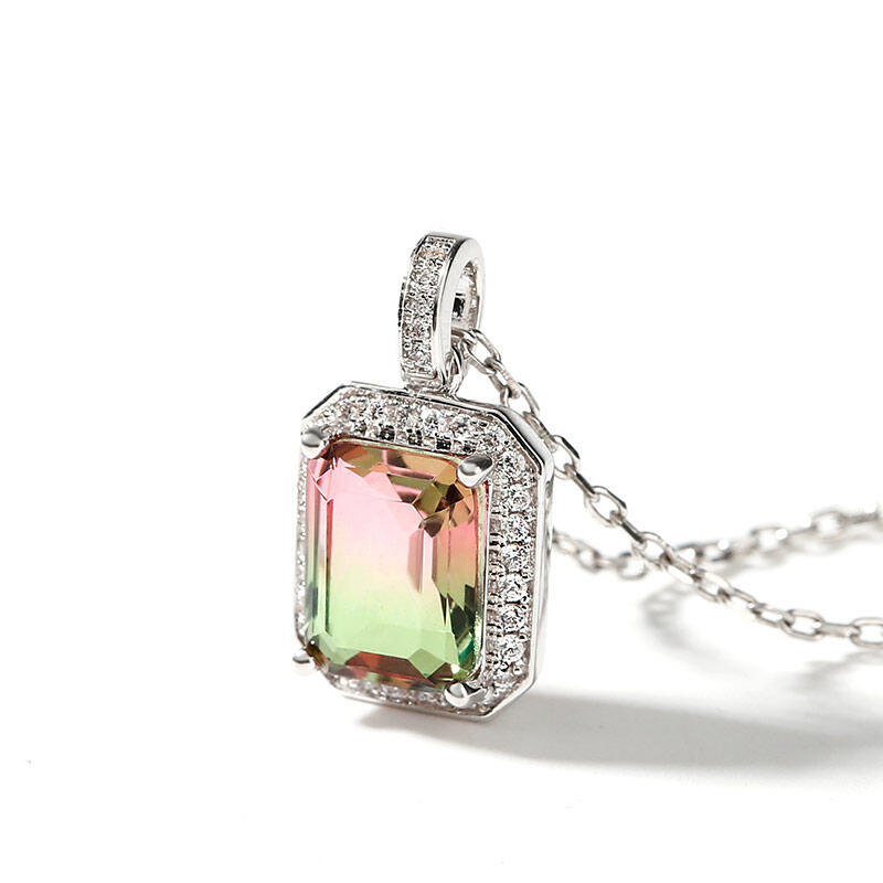 Jeulia "One of a Kind" Emerald Cut Sterling Silver Watermelon Necklace