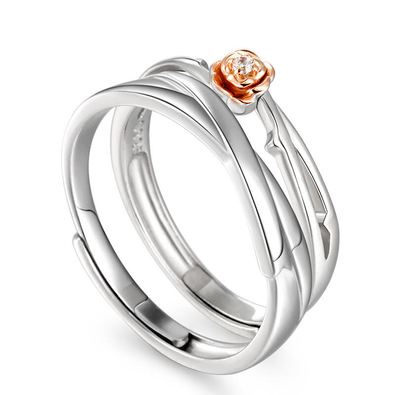 Jeulia Anillos de parejas ajustable con piedra en rosa de plata esterlina