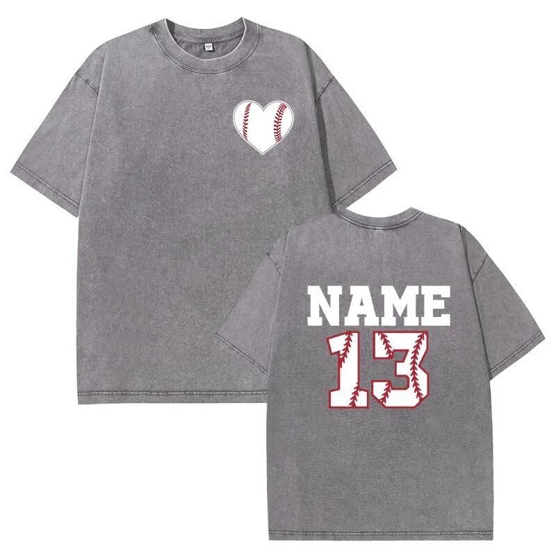 Baseballtvättad T-shirt med baseballhjärta anpassat nummer och namn present till sportälskaren