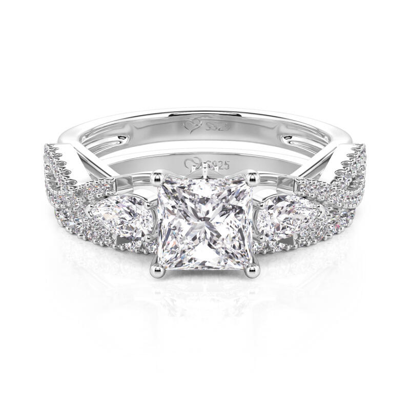 Jeulia Twist Three Stone Princess Cut Engagement Ring Set