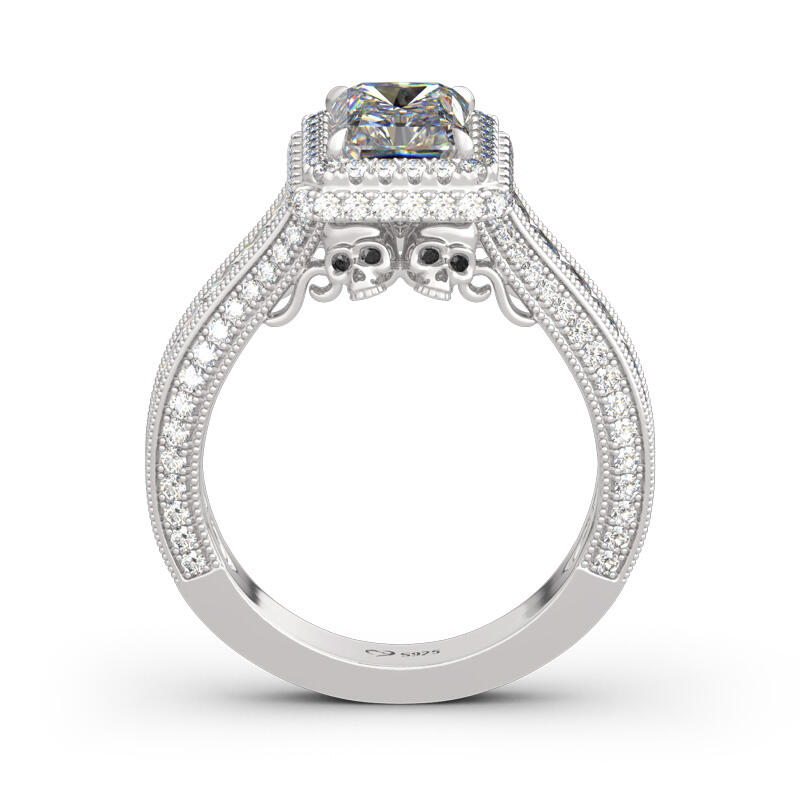 Jeulia Halo Radiant Cut Sterling Silver Skull Ring