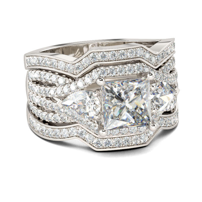 Jeulia Three Stone Princess Cut Sterling Silver Ring Set