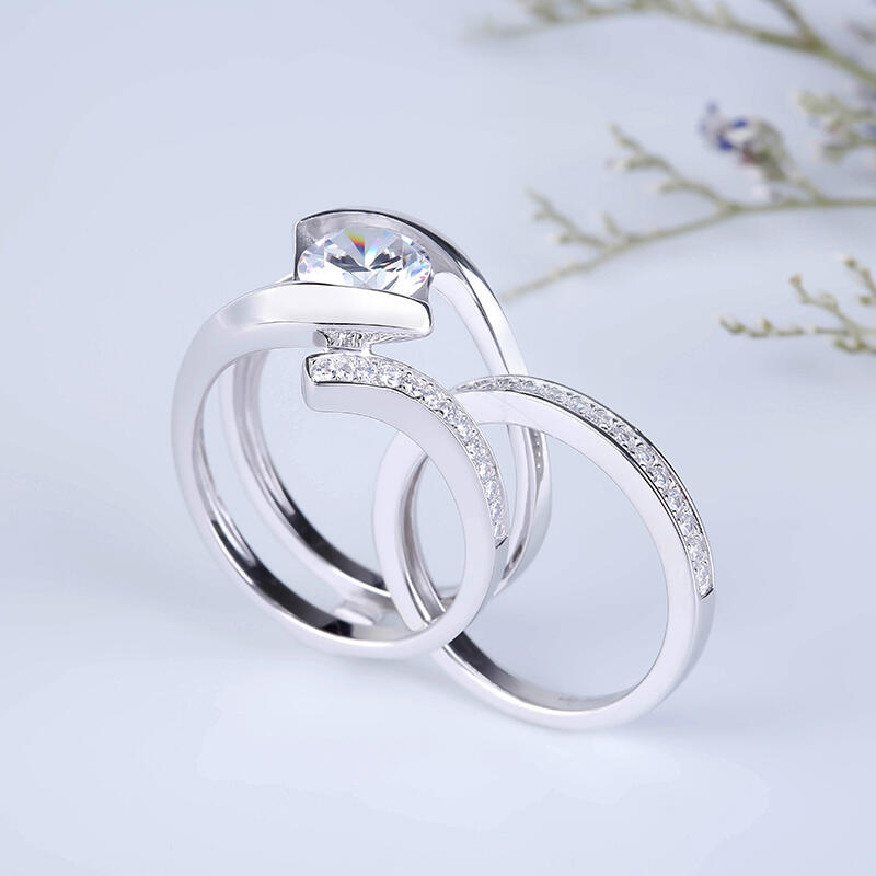 Jeulia Conjunto De Anillos De Rama De Talla Redonda En Plata De Ley