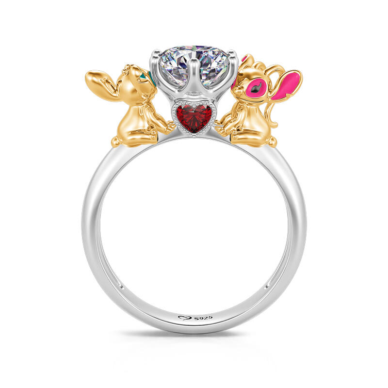 Jeulia Hug Me "Love Story" Little Monster Couple Round Cut Sterling Silver Ring