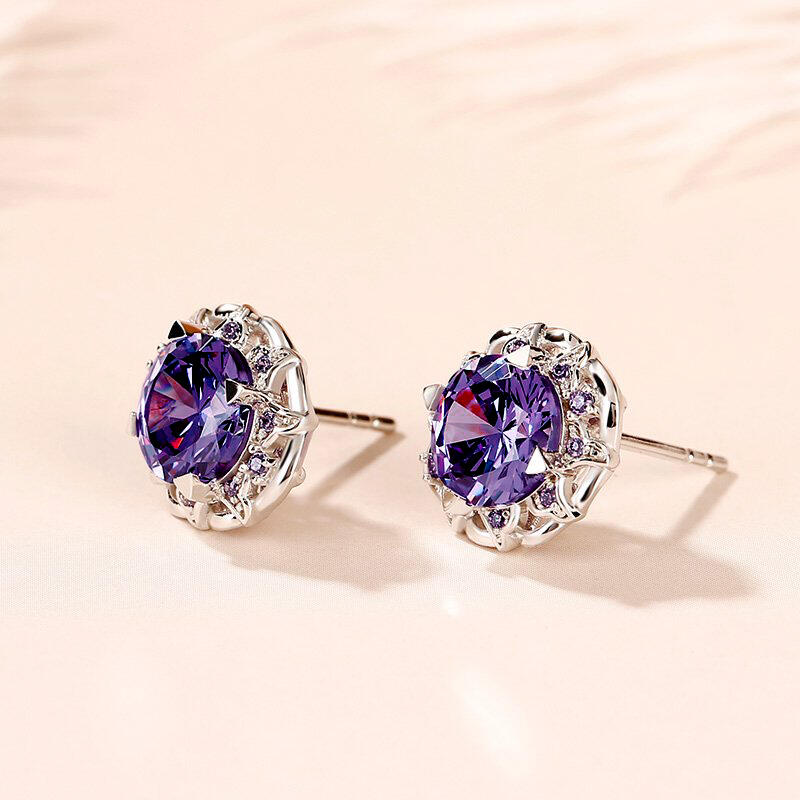 Jeulia Amethyst Flower Round Cut Sterling Silver Stud Earrings