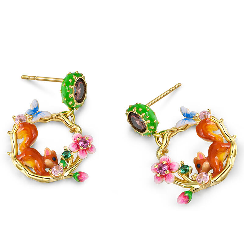 Jeulia リス フラワー 栗鼠 花デザイン エナメル シルバー ピアス