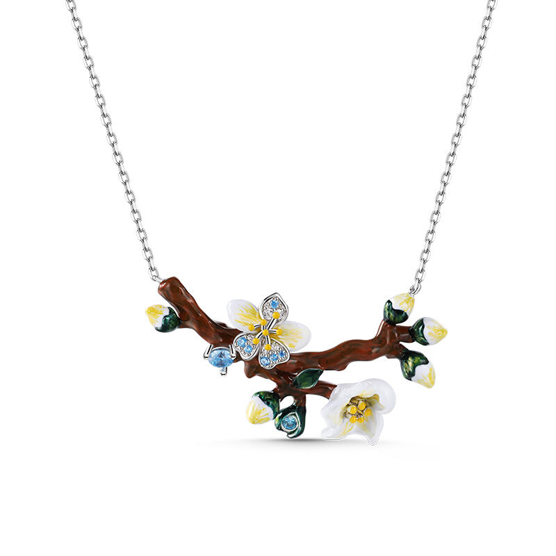 Jeulia "Almond Blossoms" Enamel Sterling Silver Necklace