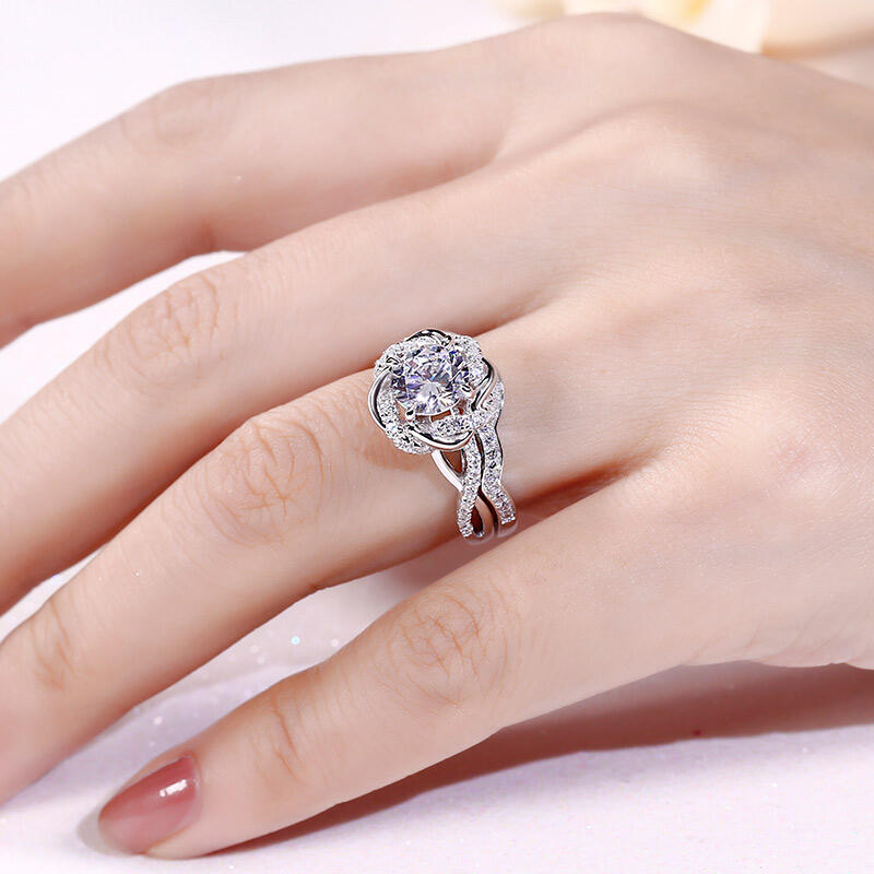 Jeulia Twist Floral Round Cut Sterling Silver Ring Set