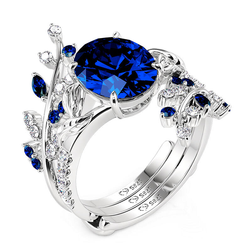Jeulia Vintage Cubic Leaf Sapphire Ring Set