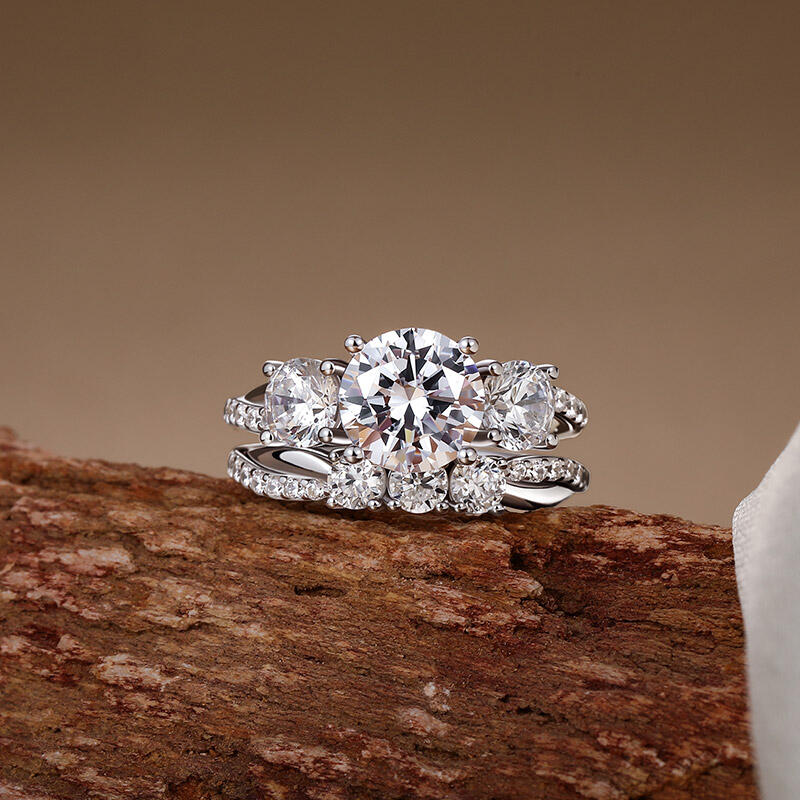 Jeulia Three Stone Round Cut Twist Ring Set Sterling Silver